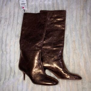 Zara Metallic Brown Copper Bronze Knee-High Heeled Boots